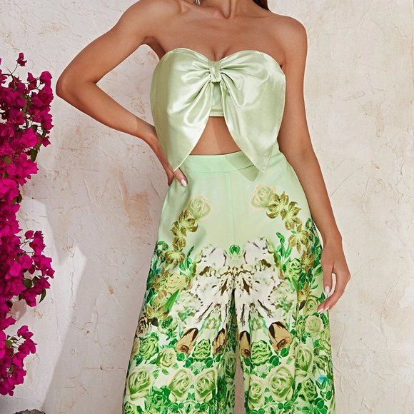 Multicolor Boho Womens Floral Print Tube Top & Wide Leg Pants - Picture 4 of 5